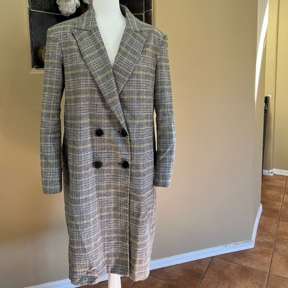 Zara Long Double-Breasted Check Print Knit Coat size large